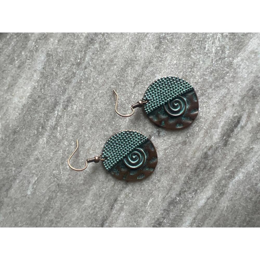 Handcrafted Round Teal and Brown Earrings with Spiral Design
